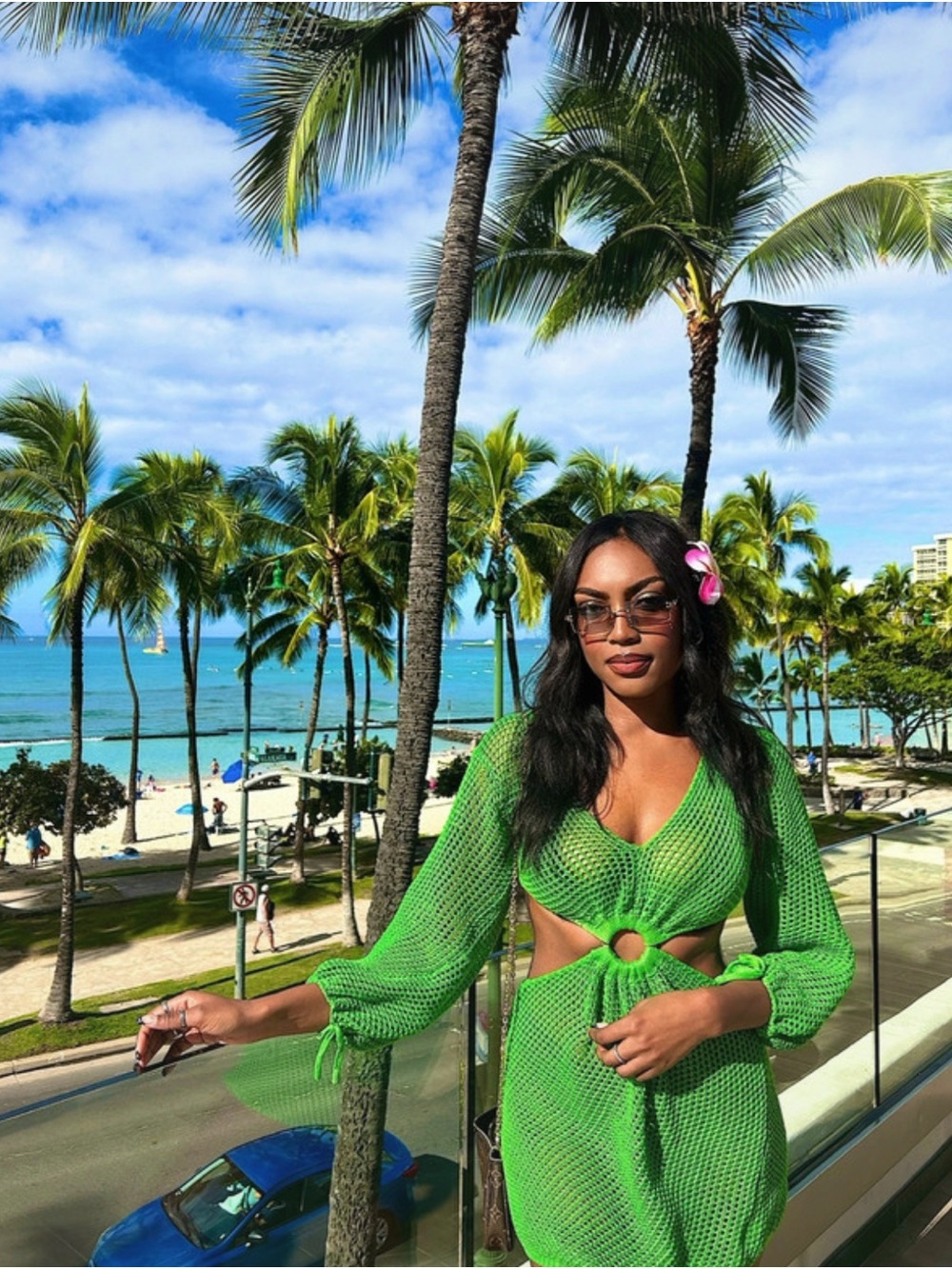 Women’s Green Knit Swim Cover-Up Dress with Waist Ring